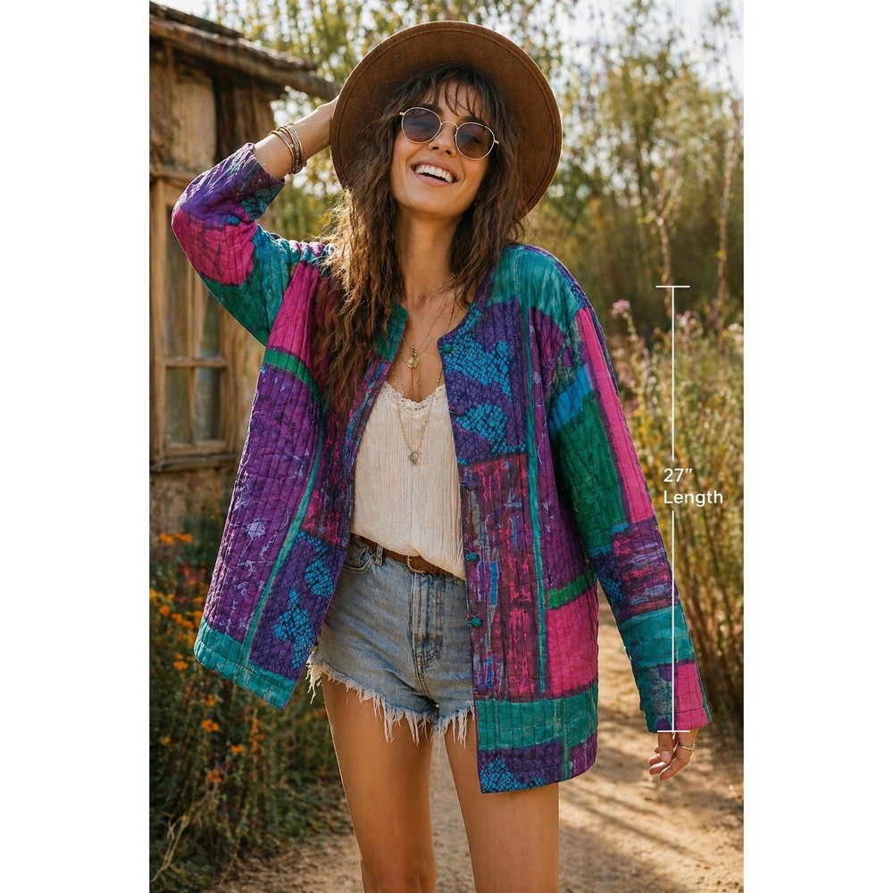 Patchwork Indie Bohemian Jacket Festival Quilted Colorful Size L-XL‎ Lightweight